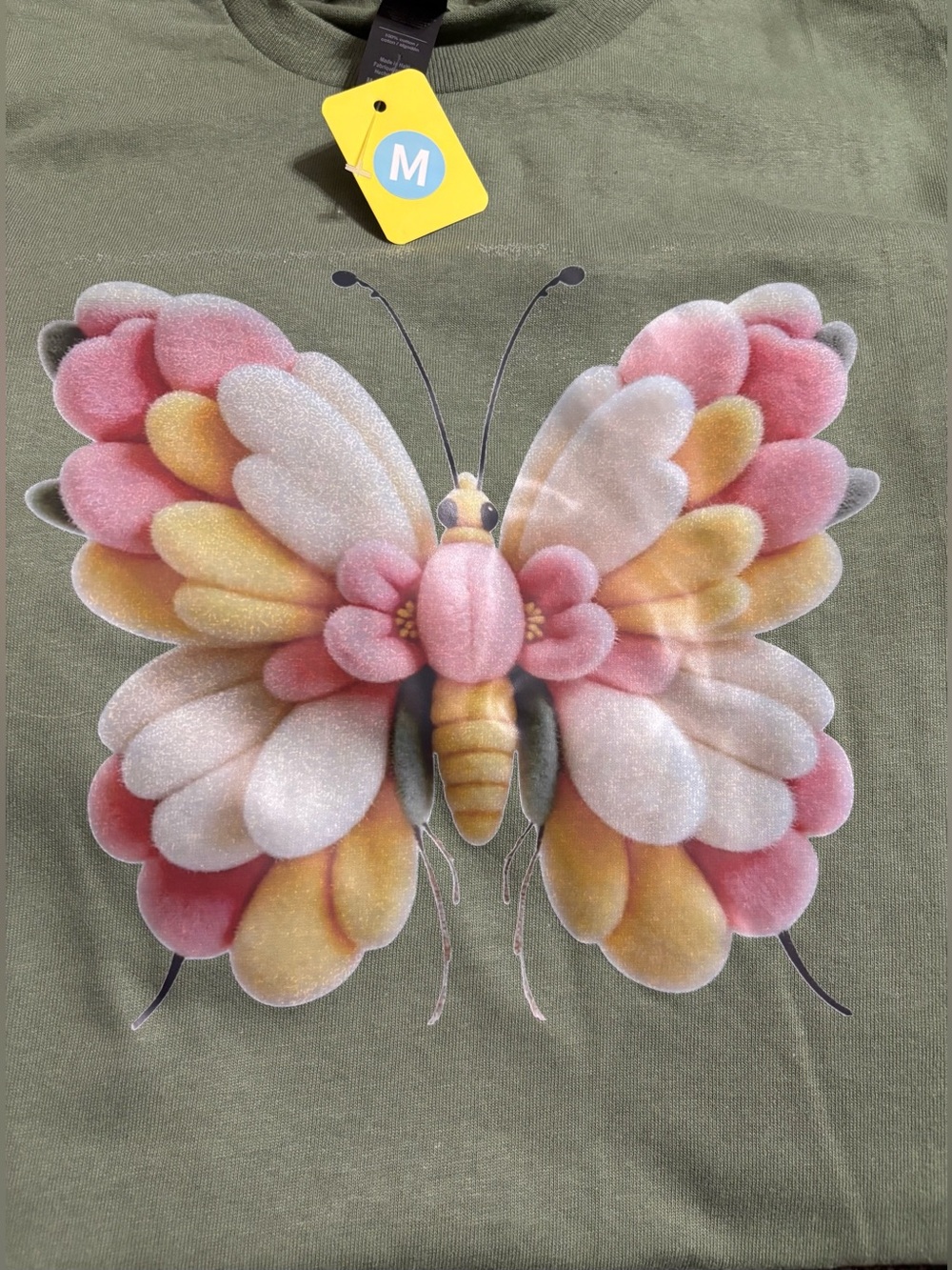 NEW Olive Green Tee with Puffy Pastel Butterfly Graphic - Medium